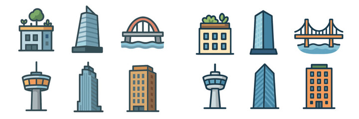 Fototapeta premium Collection of modern city buildings and bridges depicted in a colorful illustration