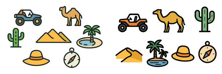 Desert adventure with camels, off-road vehicles, cacti, and natural landmarks in a vibrant landscape