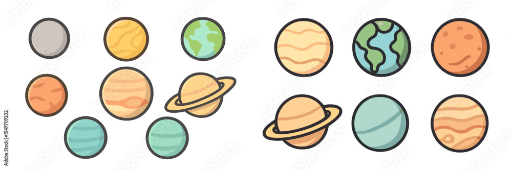 Poster planets in a colorful arrangement featuring various designs and characteristics, illustrating the so