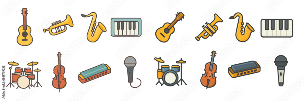 Aufkleber Variety of musical instruments including drums, brass, and string instruments displayed in an organized layout