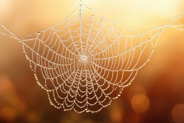 A spiderweb glistening with morning dew, delicately strung against a warm, blurred background.