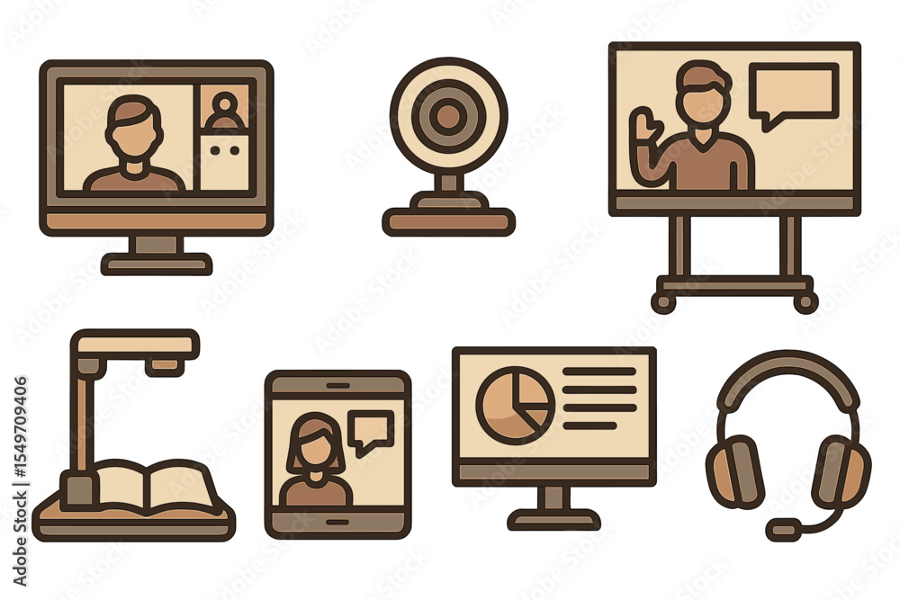 Poster remote learning setup featuring various devices for virtual communication and online education