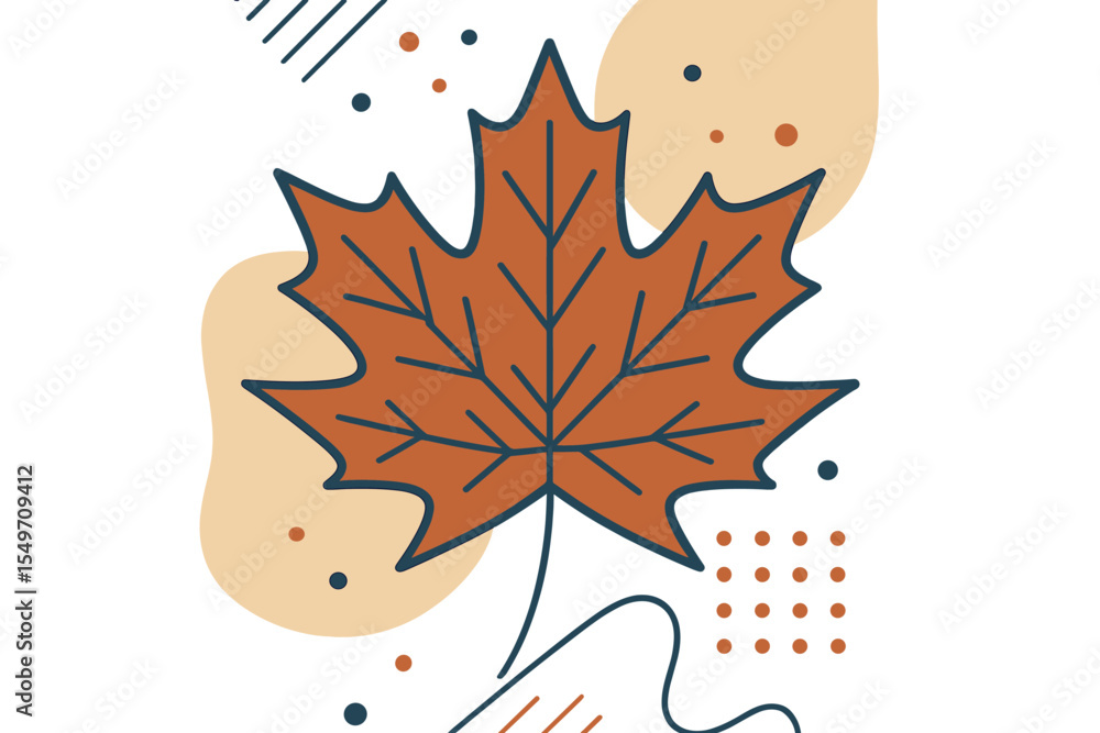 Fototapete decorative illustration of a brown maple leaf with abstract shapes and patterns in autumn colors