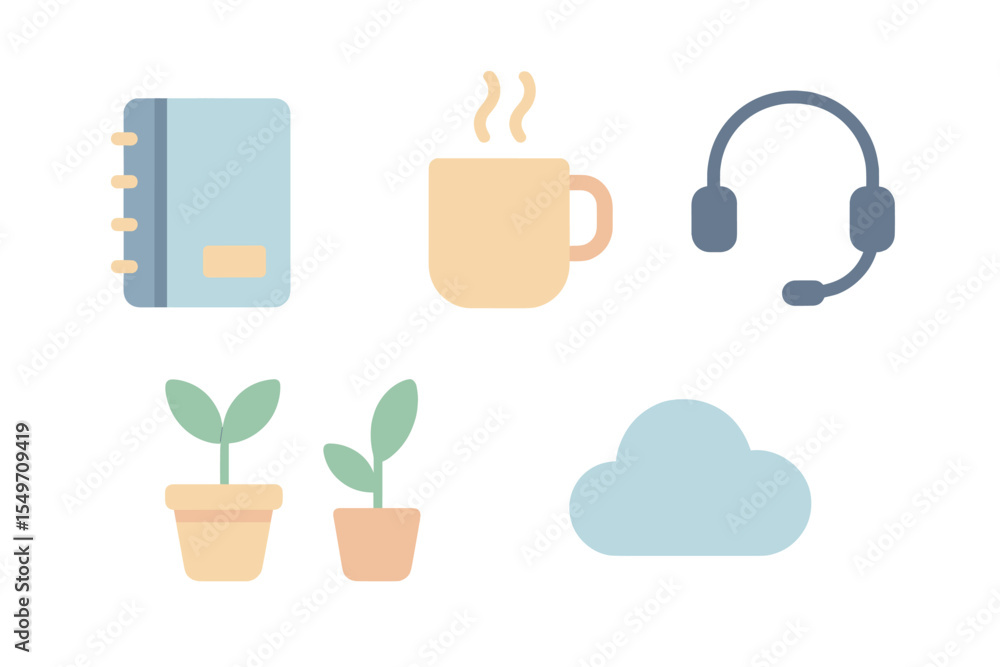 Poster workspace essentials for productivity with coffee, plants, and tools in a creative setting