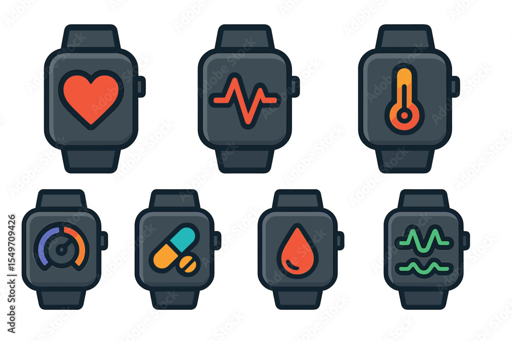 Poster colorful smartwatch display showing various health metrics and features for personal wellness tracki