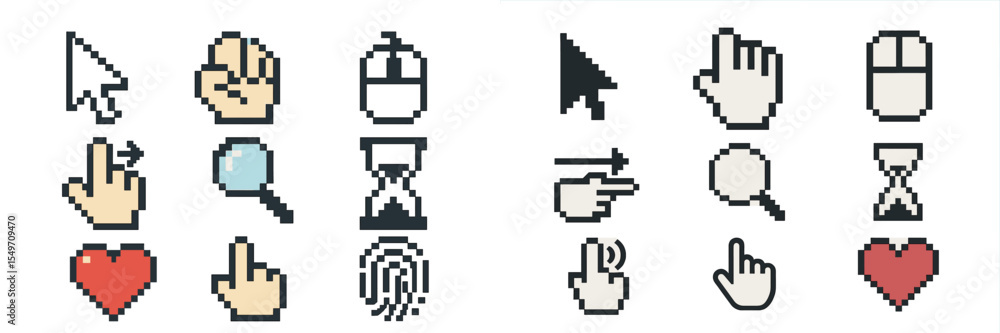 Poster Various pixel art icons representing common computer functions, including cursors, clicks, and gestures, suitable for digital projects