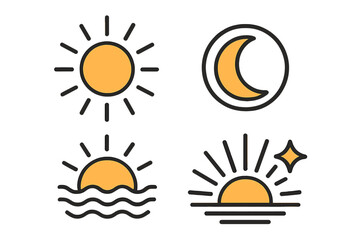 Obraz premium Different phases of sun and moon illustrating day and night cycles in a simple, modern design with bright colors