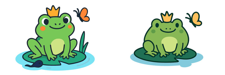 Fototapeta premium Green frogs with crowns sitting on lily pads enjoying butterflies in a tranquil pond setting during daytime