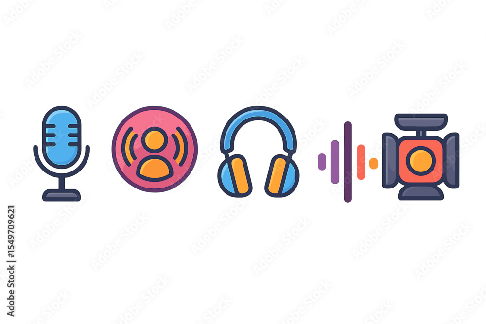 Poster various audio icons represent voice recording, playback, and sound production in modern digital comm