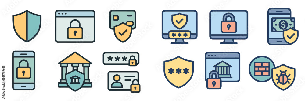 Poster security icons representing online protection measures for digital platforms and personal data priva