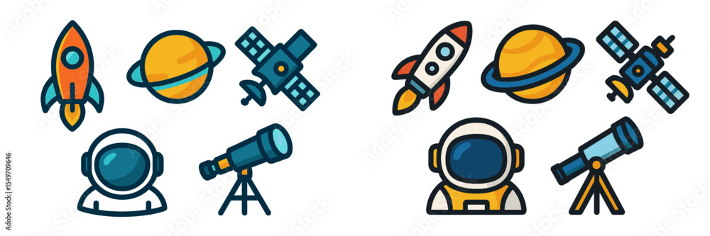 Poster exploring the universe with rockets, planets, and telescopes in a vibrant illustration of space expl