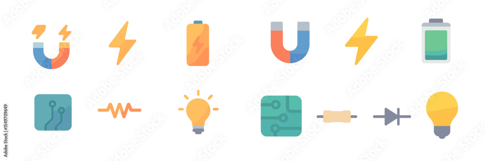Poster colorful icons representing electrical concepts including magnetism and energy storage across a mini