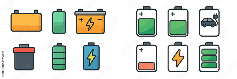 Poster collection of battery icons showcasing various types and charge levels in a modern digital style