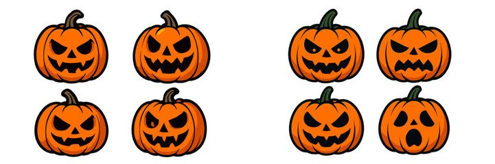 Cartoon jack-o'-lanterns with various expressions for Halloween festivities at night