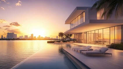 Fototapeta premium Modern waterfront mansion at sunset (2)