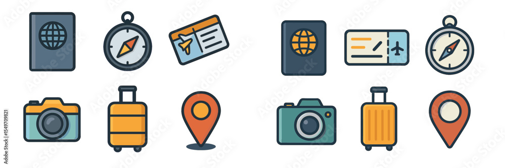 Poster Exploring travel essentials with various icons symbolizing adventure and exploration