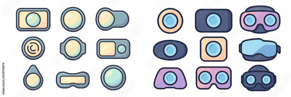 Poster Collection of various virtual reality headset and camera designs with colorful styles and forms arranged in a neat grid layout