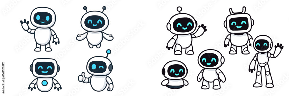 Poster Colorful and cheerful robot characters interacting and posing in a playful manner