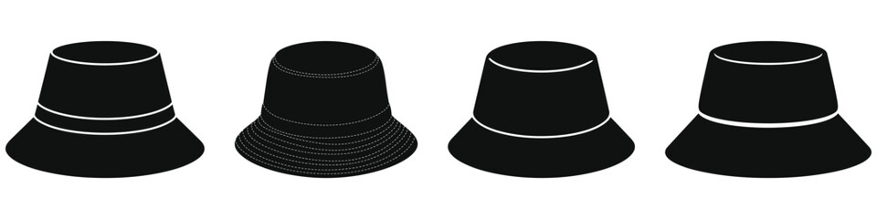 Four Black Bucket Hats in an Isometric View © Parvez