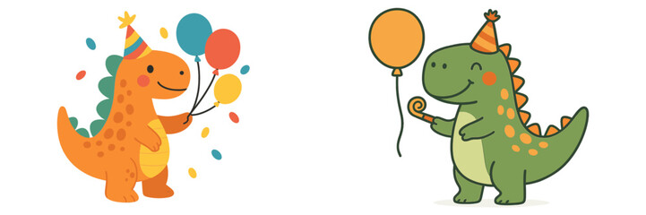 Naklejka premium Colorful dinosaurs celebrating with balloons at a cheerful party setting during daytime