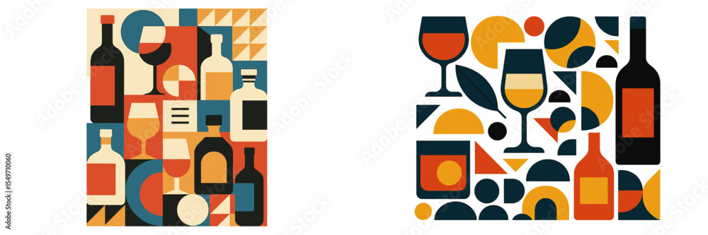 Poster colorful abstract design showcasing various bottles and glasses set against a vibrant geometric back