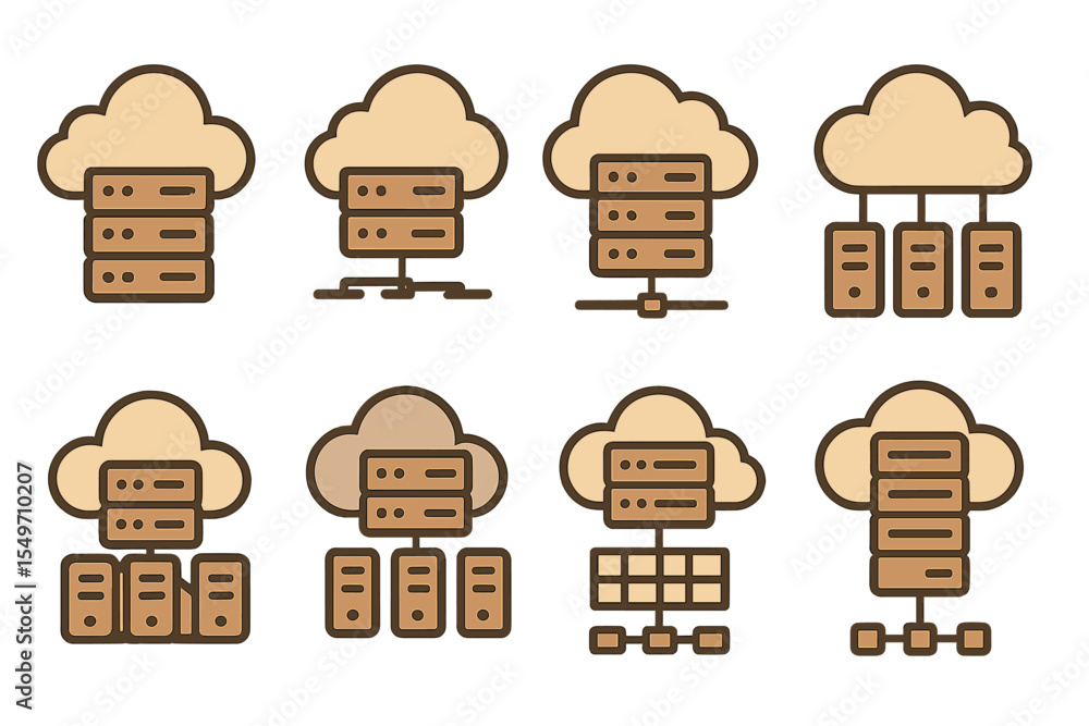 Poster Collection of cloud storage icons depicting various server configurations and network structures for data management