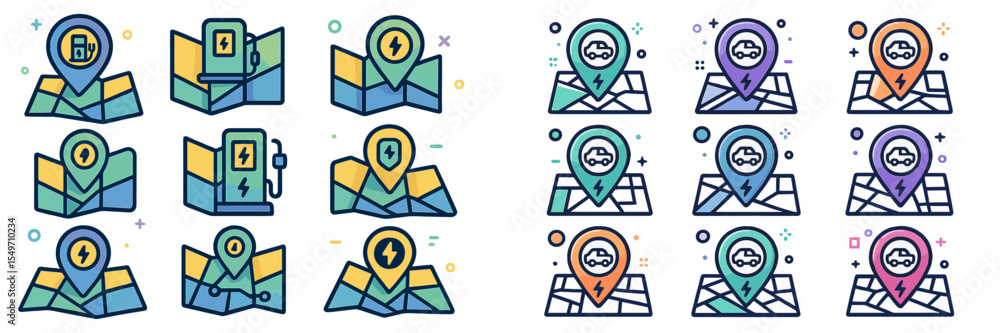 Aufkleber Collection of colorful electric vehicle charging location icons displayed on an abstract map layout