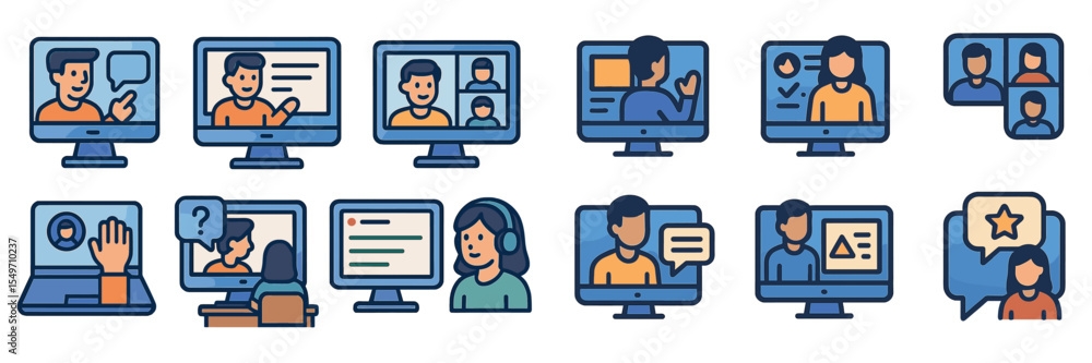 Poster Online communication and virtual interaction illustrated with diverse characters engaging in various digital activities and learning