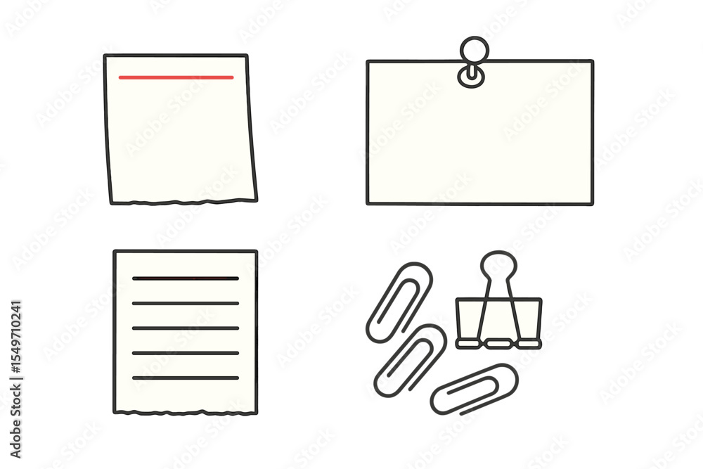 Poster Collection of various paper items including notes, clips, and a blank sheet displayed in a simple layout on a white background