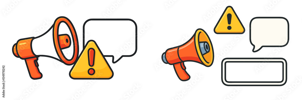 Poster Megaphones with warning symbols and empty speech bubbles for announcements and notifications in a creative illustration
