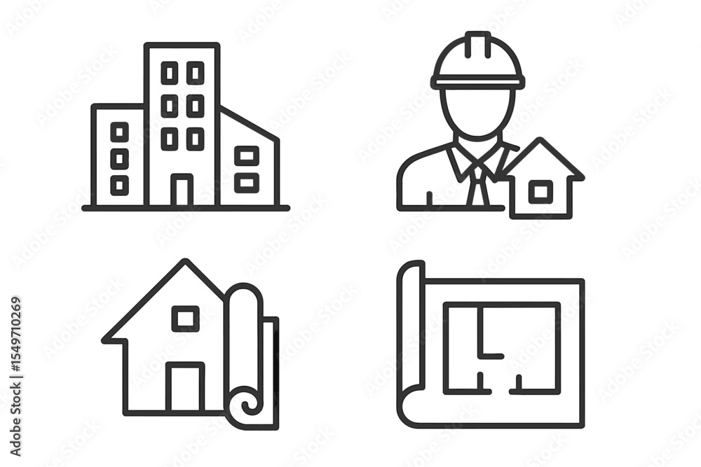 Poster construction elements showing building plans, contractor work, and architectural designs in a minima