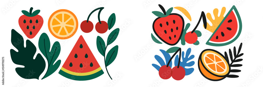 Poster colorful illustrations of fruits arranged in playful patterns with vibrant greens and reds on a whit