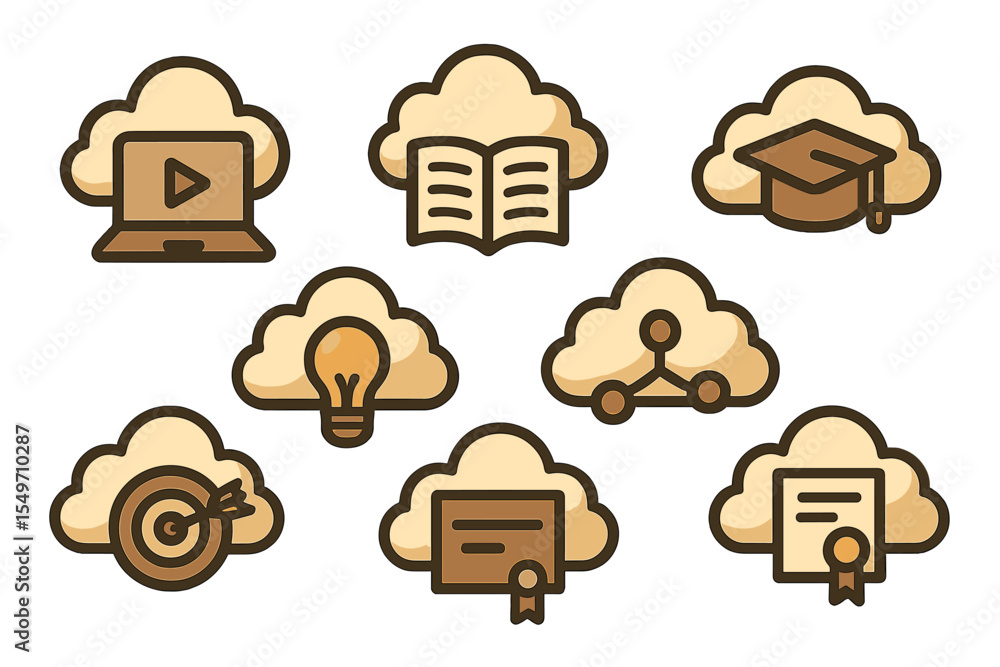 Poster Educational symbols representing online learning and certification in a cloud-based environment for modern students and educators