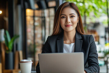 Fototapeta premium Young Asian businesswoman working with laptop in a cafe