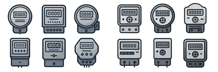 Collection of utility meters showing various designs, types, and readings in a modern digital style