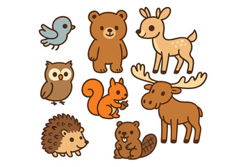 Fototapeta premium Cute cartoon animals including a bear, deer, owl, and moose in a playful forest setting depicting a friendly wildlife gathering