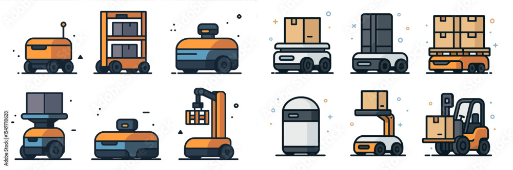 Poster Collection of various modern delivery and warehouse robots in a digital illustration showcasing their design and function