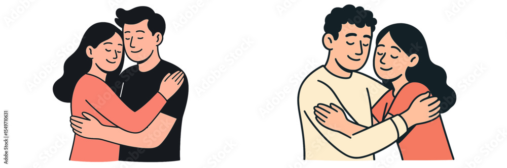 Poster couples enjoying a warm embrace in a cozy setting with soft colors and affectionate expressions