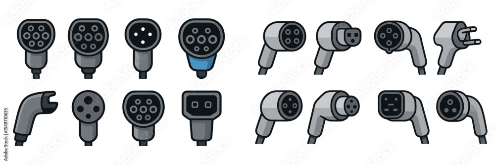 Poster various types of electrical connectors and plugs displayed in neat rows on a white background