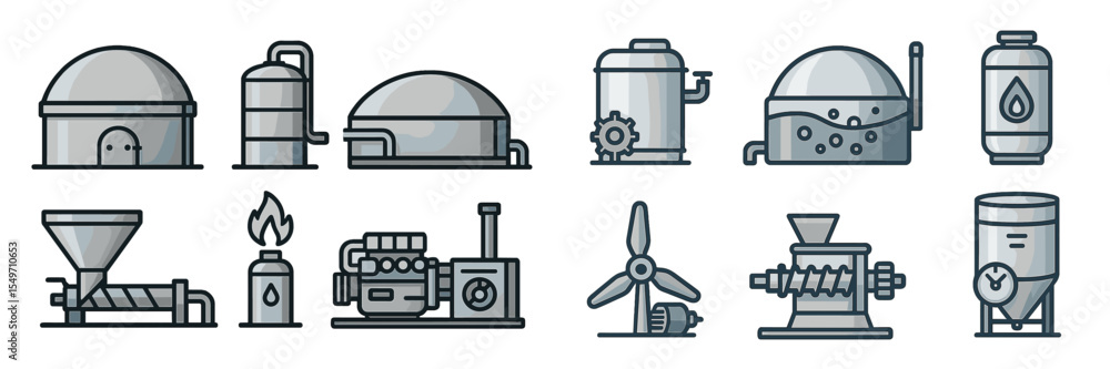 Poster modern industrial equipment collection showcasing various machines for processing materials in a fac