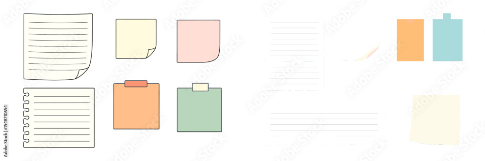 Poster Colorful sticky notes and notepaper displayed on a clean background showcasing different shapes, sizes, and colors during office organization