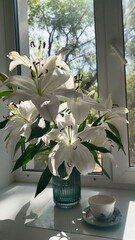 Close-up of a pure white lily on a windowsill