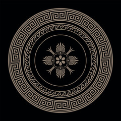 Greek classic gold round pattern frame plate with pattern in center. Greek meander. Circle european border. Patterns of Greece, ancient Rome. Classic egyptian, assyrian, greek motives
