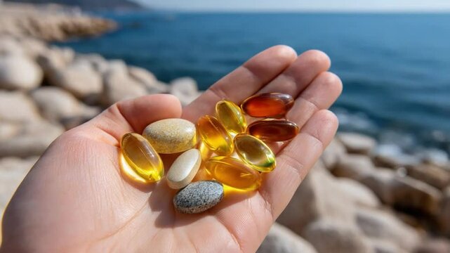 Nourishment in hand: A close-up shot of a person's hand, gently cupping a collection of various colored supplements and capsules, offers a compelling visual about wellness and health benefits.