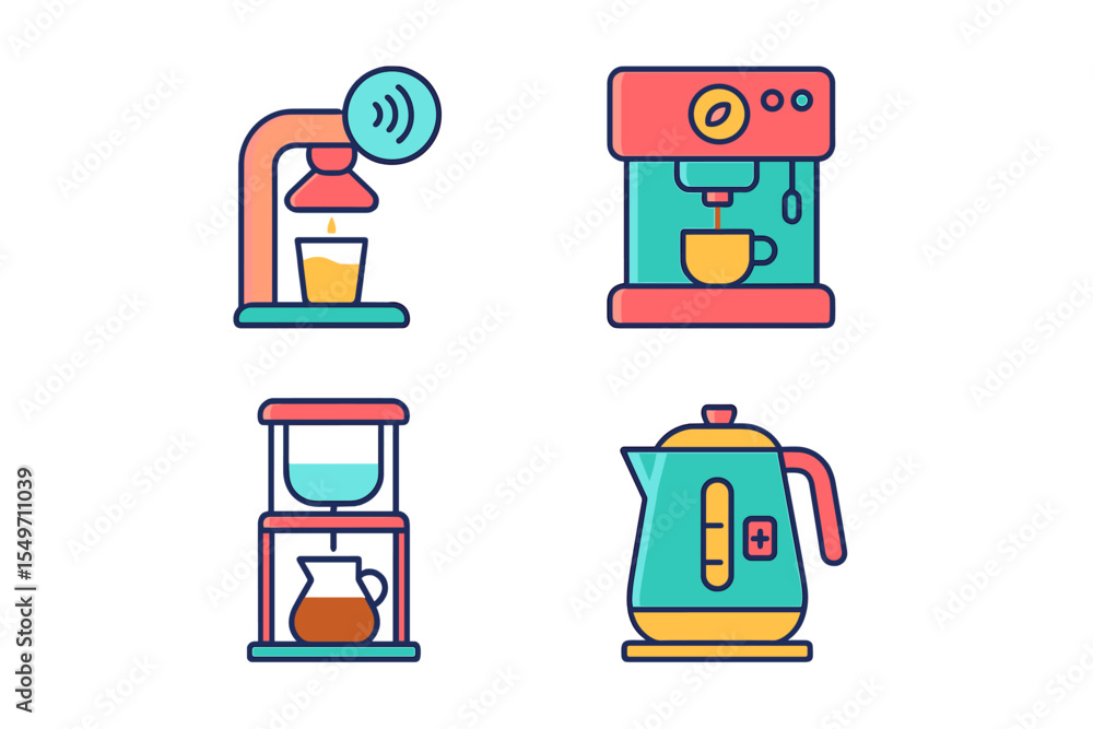 Poster Various coffee brewing methods displayed with colorful illustrations in a modern design style