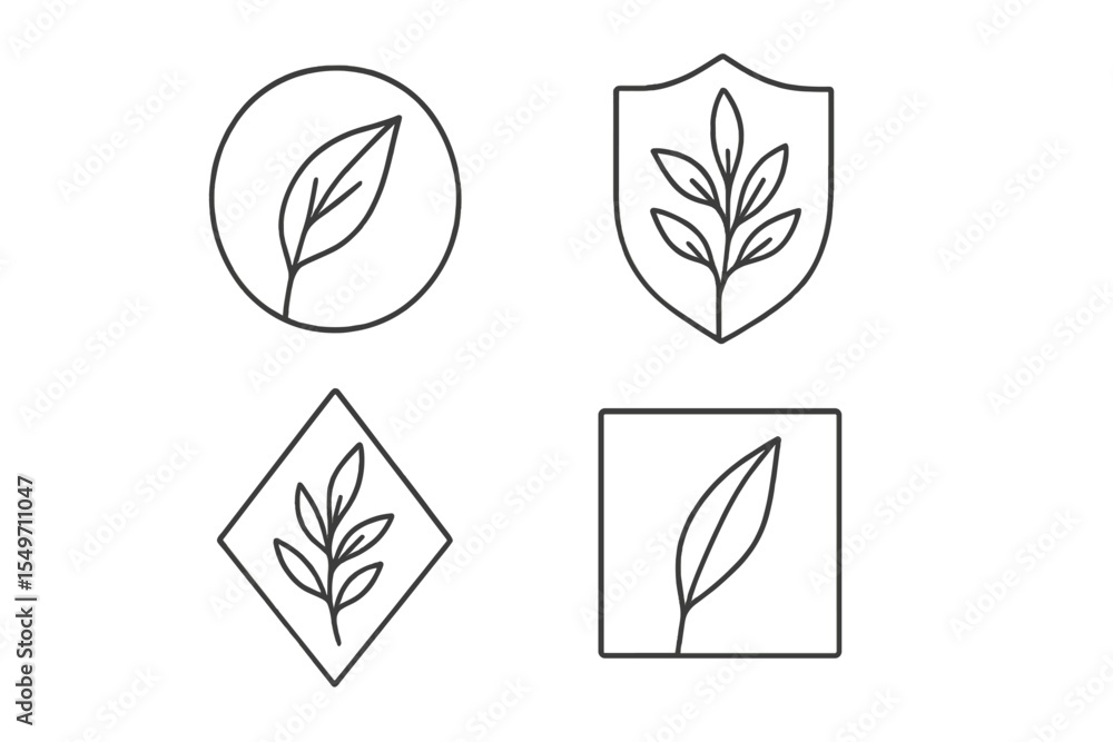 Poster simple line drawings of leaves in various geometric shapes representing nature and sustainability co