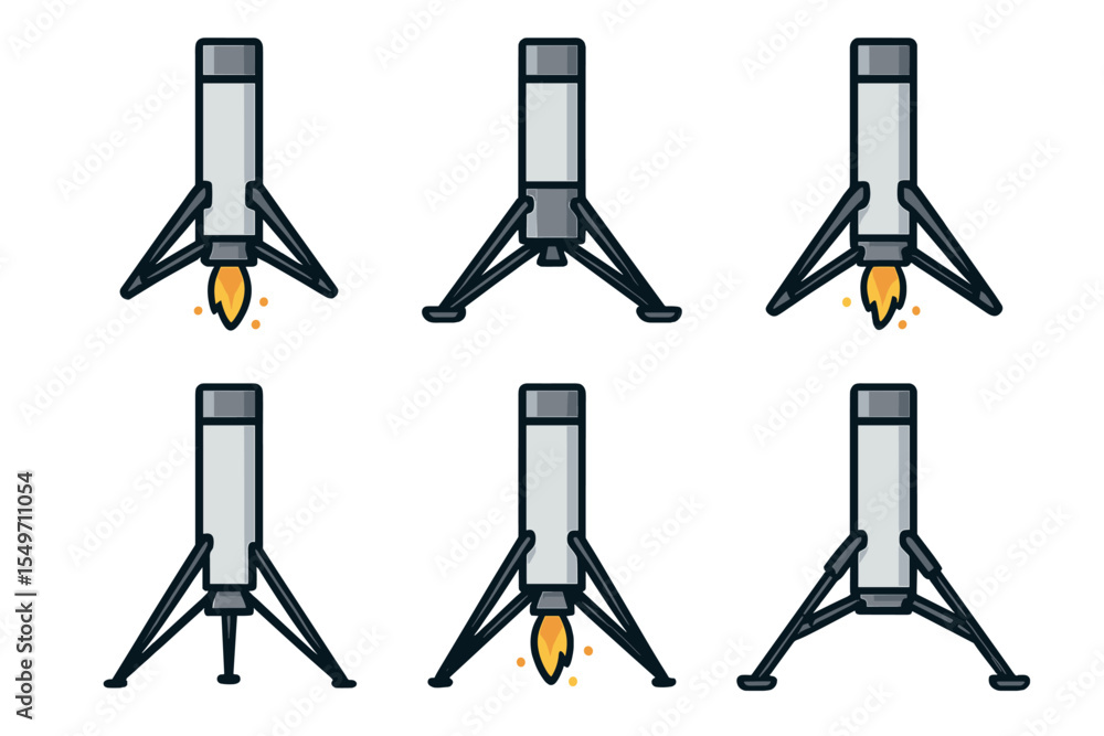 Poster multiple stages of a rocket launch with detailed design elements showcasing propulsion and landing m