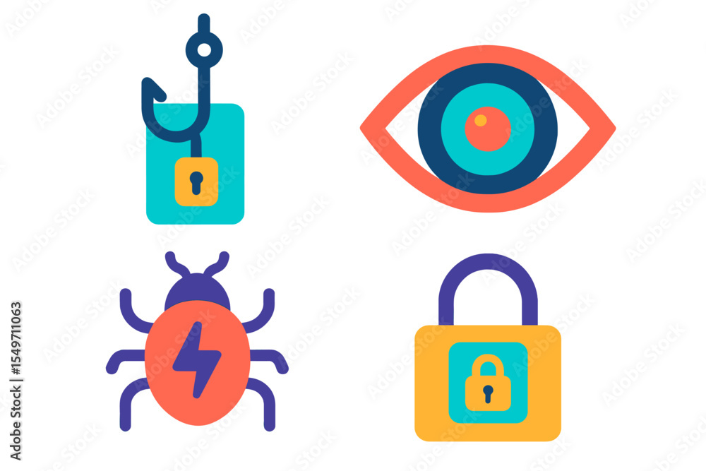Poster Various symbols representing cybersecurity concepts displayed on a clean background in a modern design style