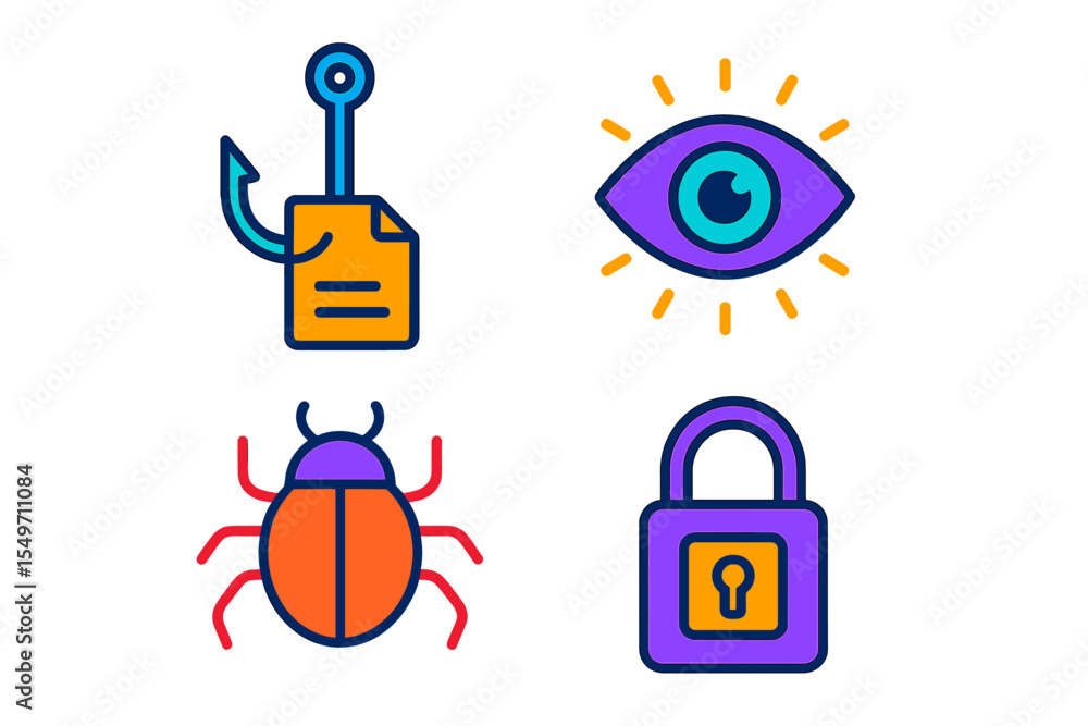 Poster visual representations of cybersecurity concepts including phishing, malware, surveillance, and data