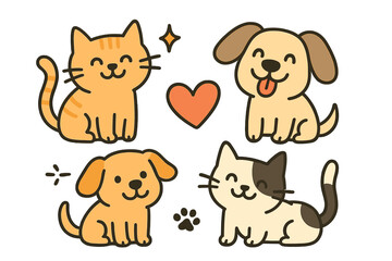 Happy pets enjoying friendship in a cheerful illustration of cats and dogs